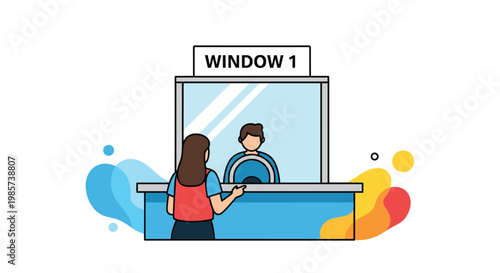 Helpful male employee assists a female customer at a service window labeled number one for a bank or post office transaction in flat style.
