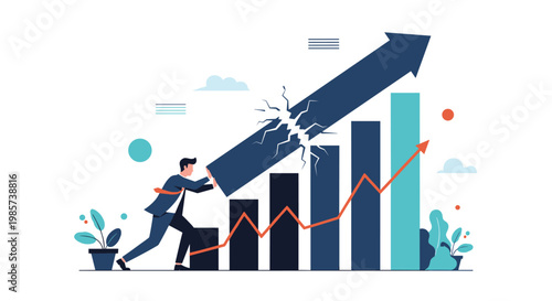 Ambitious businessman uses all his strength to push up a large blue arrow on a bar graph representing dramatic growth and corporate success.