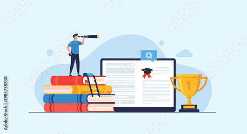 Tiny man stands on a large stack of books and uses a telescope to look for opportunities next to a laptop and a first-place trophy cup.