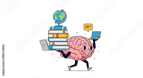 Energetic pink cartoon brain character running while carrying a stack of books, a globe, and two laptops representing multitasking and intelligence.