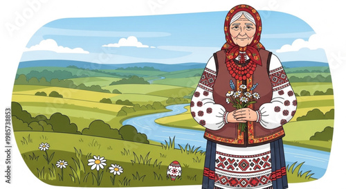 Elderly woman in traditional Ukrainian clothing holding flowers standing in a scenic countryside landscape with a river and rolling hills fo