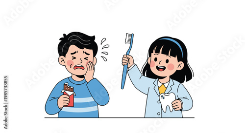 Young boy with a toothache holding a chocolate bar while a girl dressed as a dentist holds a large toothbrush.