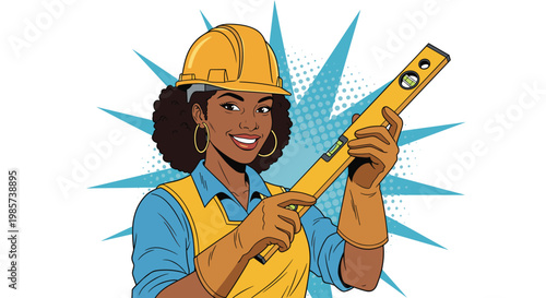 Professional female construction worker with dark curly hair holds a yellow spirit level in front of a blue starburst background shape.