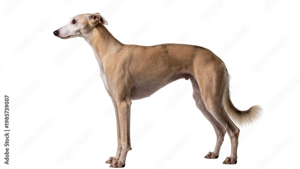 Fototapeta premium Slender fawn whippet dog standing, isolated on transparent background