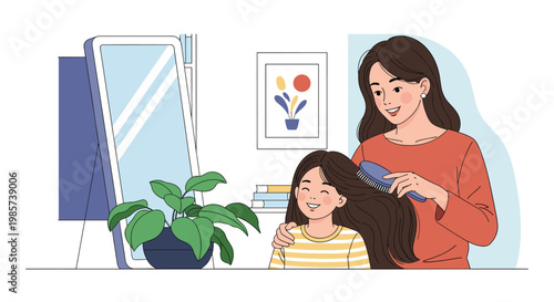 Loving mother gently brushing her happy daughter's long hair in front of a mirror in a bright and cozy bedroom environment.