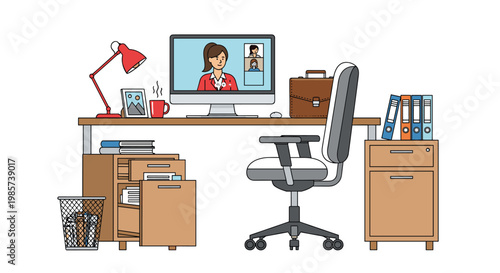 Clean and modern home office desk with a computer monitor showing a virtual meeting, file cabinets, and a comfortable white chair.