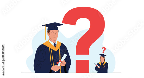 Graduating students standing next to a very large red question mark to represent uncertainty about their future careers and goals.