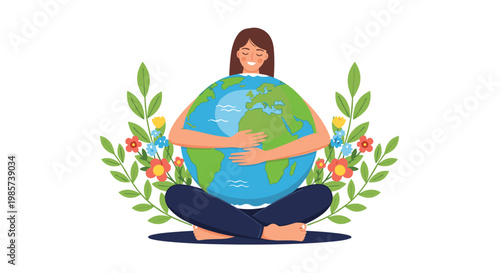 Peaceful woman sitting in a meditative pose and hugging a large globe surrounded by beautiful blooming flowers and green leaves.