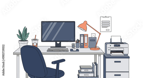 Complete home office workstation featuring a desk with a computer, lamp, printer, and various organizational tools like file boxes.