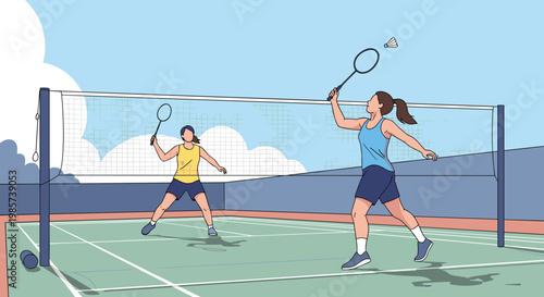 Two athletic women engaged in a fast-paced game of badminton on an outdoor court with a net, rackets, and a flying shuttlecock.