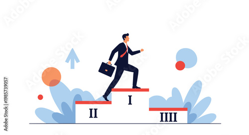 Successful businessman carrying a briefcase while stepping onto the first place podium to symbolize career advancement and win.