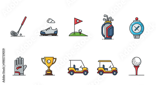 Comprehensive set of colorful golf icons including clubs, shoes, flags, bags, watches, gloves, trophies, carts, and golf balls.