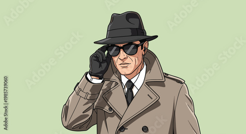 Mysterious secret agent or detective character wearing a classic trench coat, fedora hat, black gloves, and dark sunglasses.