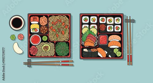 Two traditional Japanese bento boxes filled with a variety of delicious foods like sushi, noodles, fish, seaweed, and sauces.