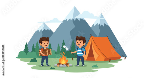 Two young friends enjoying a camping trip in the mountains while roasting marshmallows over a campfire near their orange tent.