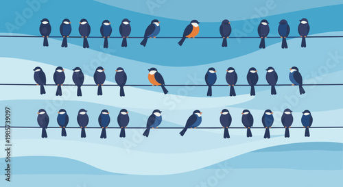 Large flock of identical blue birds perched on several horizontal power lines with two unique orange birds among them.