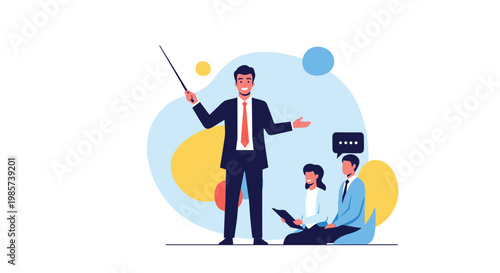 Professional male speaker in a suit giving a presentation to a seated man and woman using a pointer stick in a modern office meeting room.