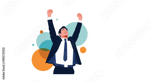 Successful businessman in a dark suit standing with arms raised in victory and triumph celebrating a major career achievement or goal reached.