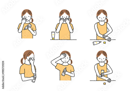 日焼け止め・クリームを塗る女性の手描きイラストセット