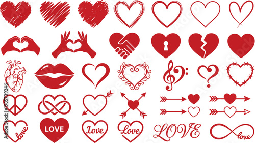 Red heart and love symbols collection with collection romantic valentine affection infinity