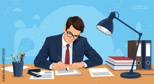 Focused businessman in a suit working late at night in a dark office illuminated by a desk lamp while reviewing important documents.