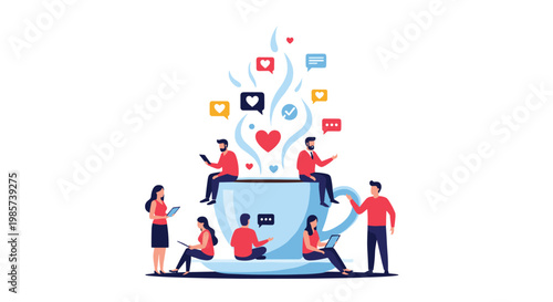 Miniature people using digital devices around a giant coffee cup with social media like and comment icons floating above representing digital communication.