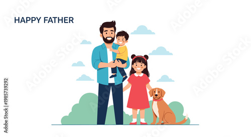 Happy father holding his young son while standing next to his daughter and their pet dog in a sunny outdoor park with blue sky and clouds.