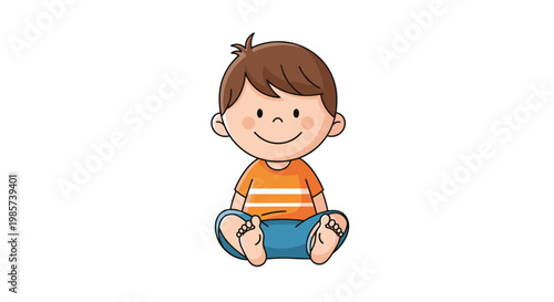 Cute cartoon illustration of a happy young boy with brown hair wearing an orange striped shirt and blue shorts sitting on the floor.
