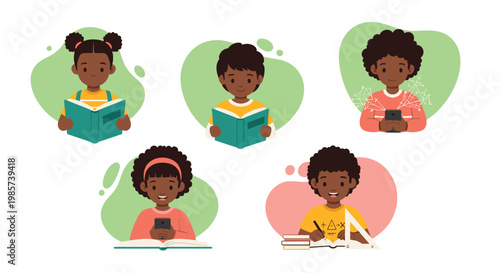 Collection of five illustrations showing diverse children reading books, using smartphones, and studying math for education and learning concept.