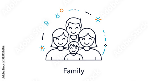 Simple line art icon representing a happy family of four including parents, a son, and a daughter with celebratory symbols around them.