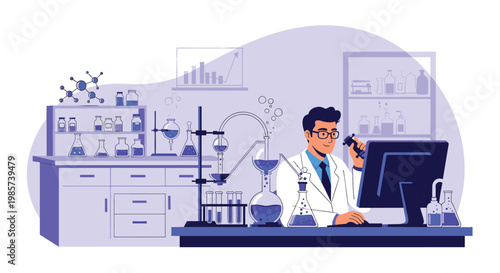 Male scientist in a white lab coat working in a modern laboratory using a computer and various chemical glass equipment for research and analysis.