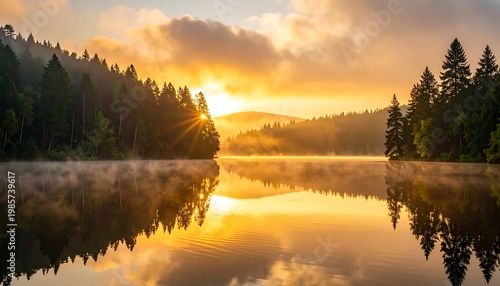 A scenic lake reflects a golden sunrise, framed by lush evergreen forests and enveloped in misty atmosphere