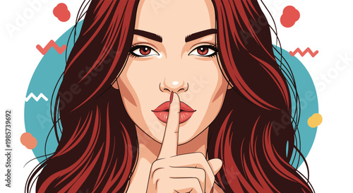 Beautiful woman with long red hair holds her index finger to her lips in a silence gesture against a colorful abstract background.