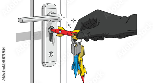 Gloved hand inserts a bright red rocket-shaped key into a modern door lock representing high-speed security and innovative locking solutions.