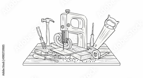 A whimsical illustration of woodworking tools arranged on a wooden surface