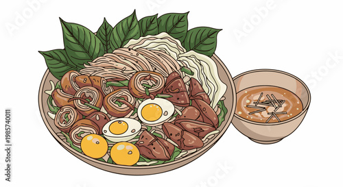A vibrant illustration of a hearty meal with assorted meats, eggs, and vegetables