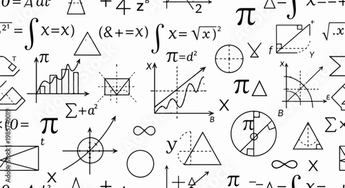 A white backdrop adorned with a repeating pattern of mathematical symbols and diagrams