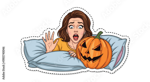 Scared young woman wakes up in bed and screams after finding a spooky glowing jack-o-lantern on her pillow during a dark halloween night.