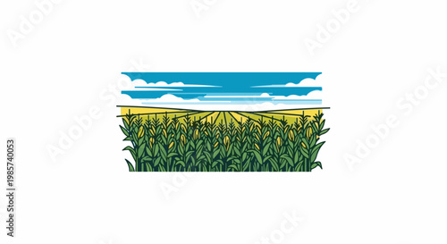 A vibrant illustration of a vast cornfield under a bright blue, cloudy sky