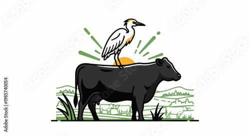 A white bird stands on a black cow against a sunrise backdrop