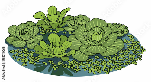 A vibrant illustration of aquatic plants floating in tranquil water