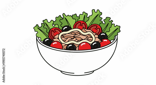A white bowl overflowing with a colorful salad featuring tuna, tomatoes, olives, and lettuce