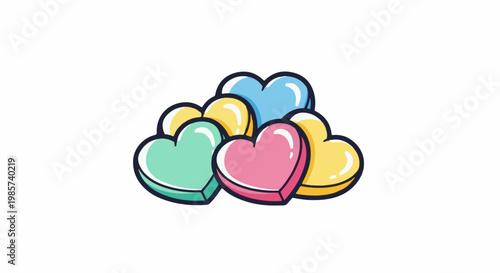 A vibrant pile of glossy, pastel-colored heart-shaped candies