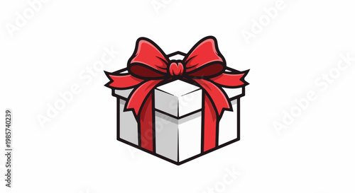A white gift box with a red ribbon tied in a bow