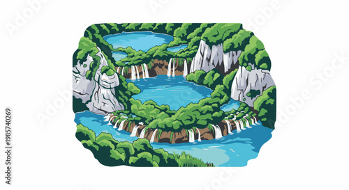 A vibrant pixel art depiction of a cascading waterfall system