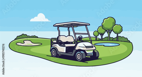 A white golf cart sits on a green golf course near trees and a pond
