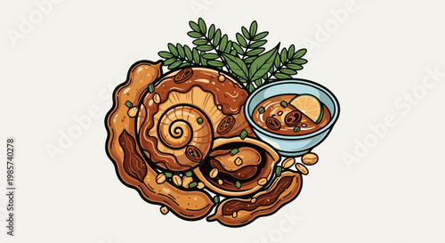 A vibrant pixel-art illustration of a savory dish featuring a spiral-shaped main element with nuts, herbs, and dipping sauce