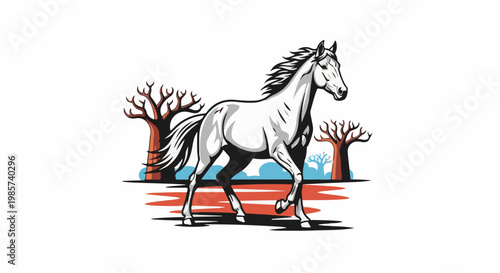 A white horse trots through a stylized landscape with bare trees and blue sky