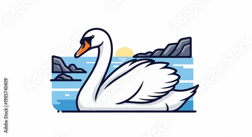 A white swan glides on blue water with rocks and sunset in the background