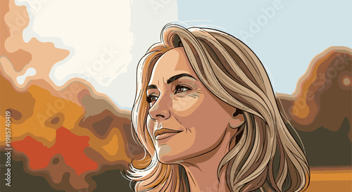 A stylized portrait of a woman with blonde hair looking to the side